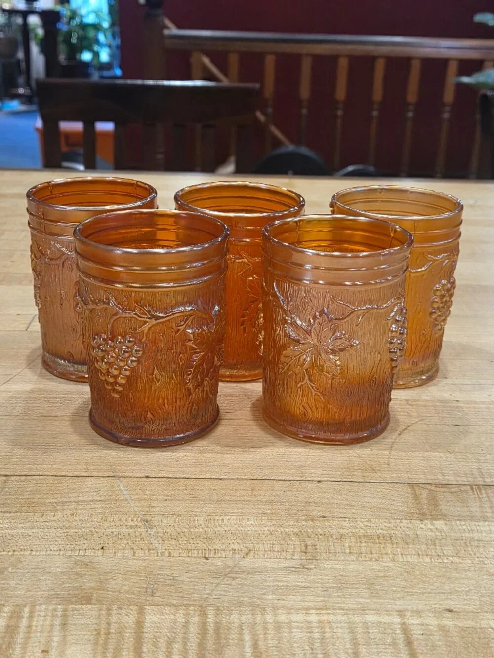 Set of 5 Antique Northwood Marigold Carnival Glass Grape and Gothic Arches Tumbl